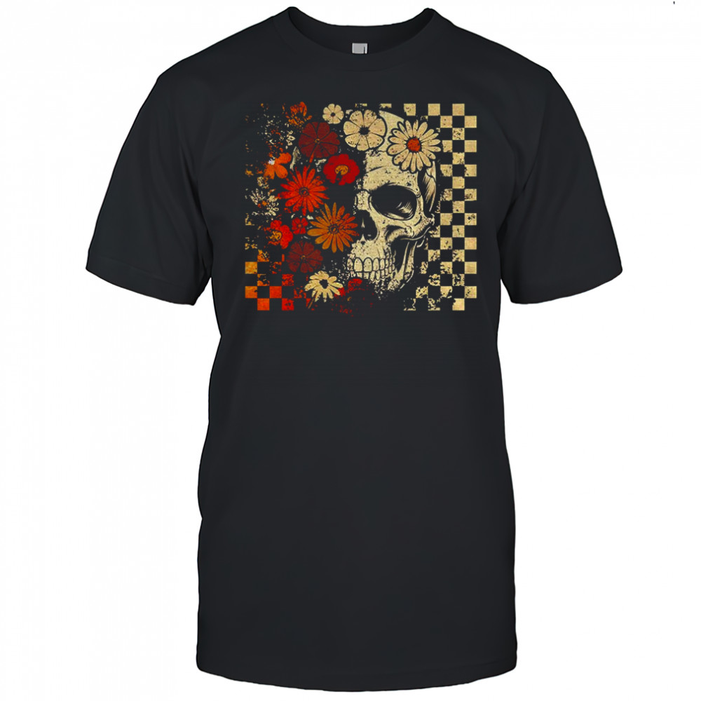 Funny skull checkered skeleton floral spooky season Halloween shirt
