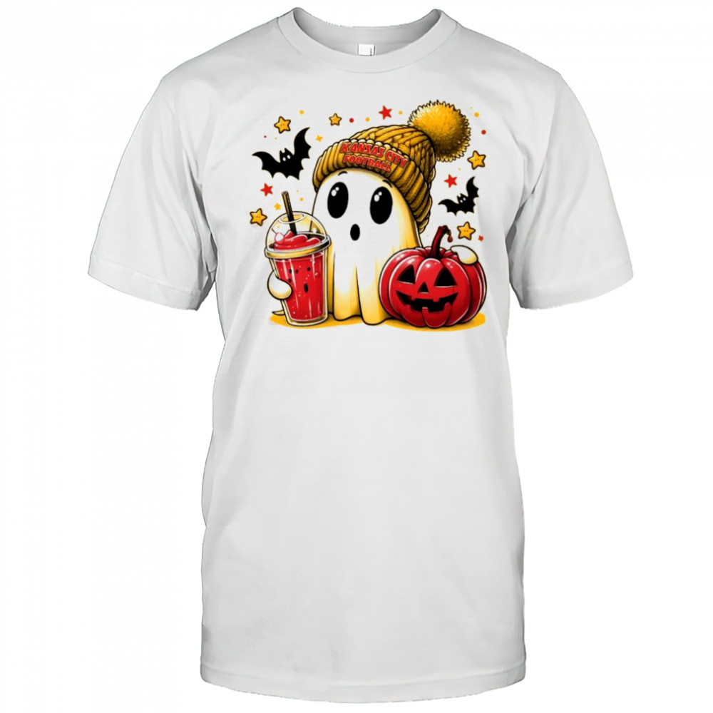 Ghost Halloween x Kansas City Chiefs football beanie pumpkin bats shirt