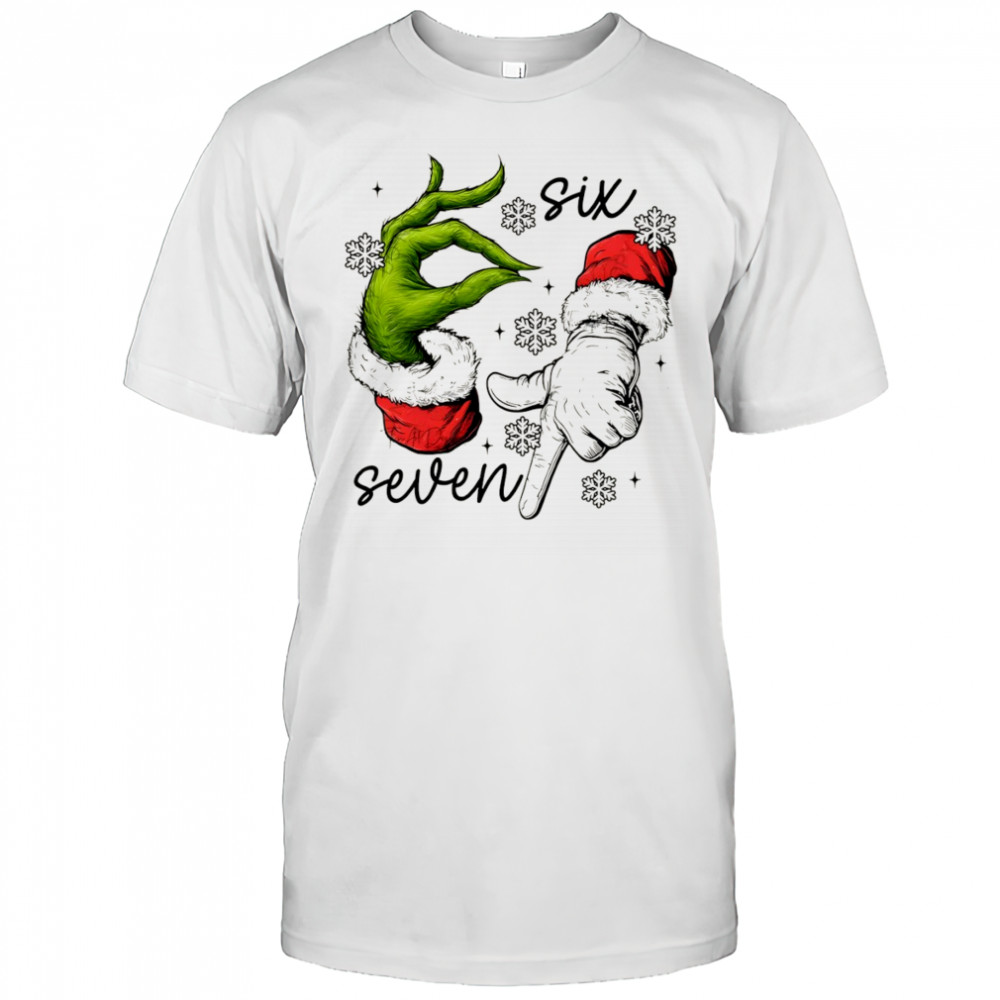 Grinch and Santa Claus hand trending six seven meme Merry Christmas shirt