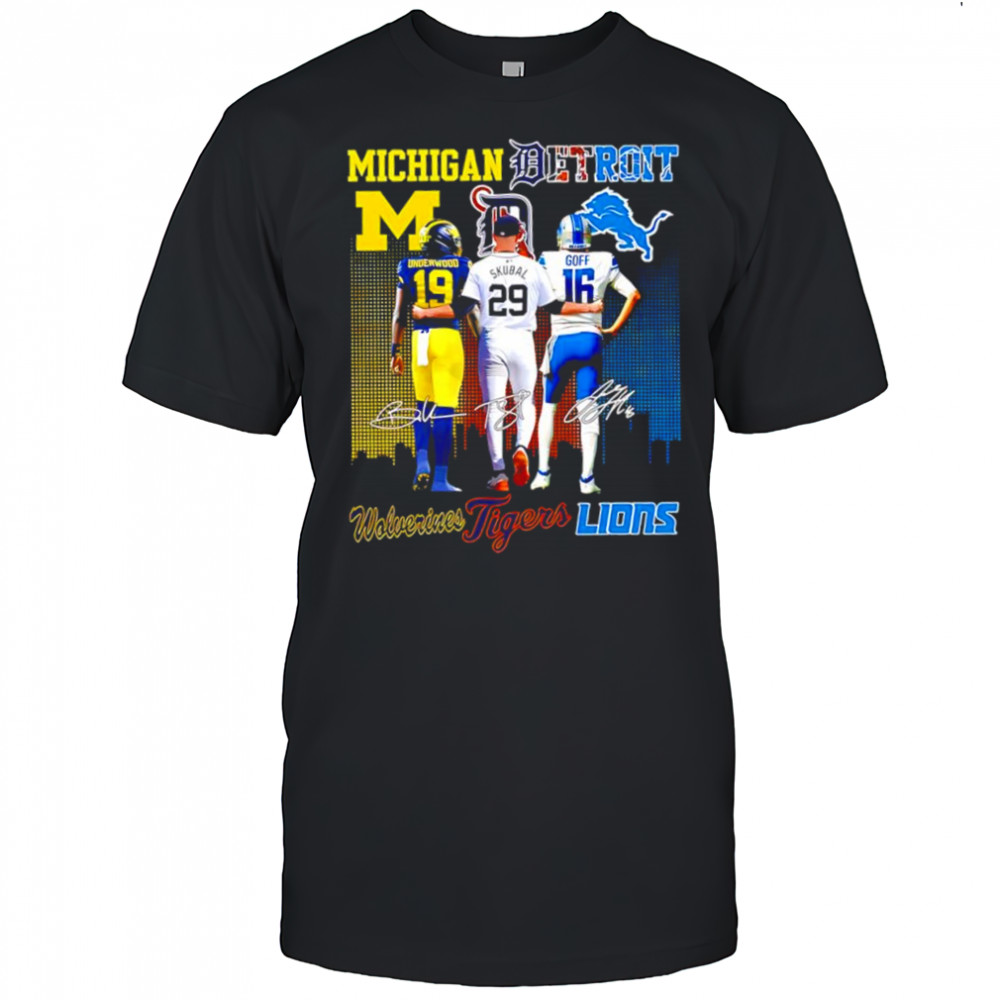 Jared Goff Detroit Lions x Tarik Skubal Detroit Tigers x Roman Wilson Michigan Wolverines signatures shirt
