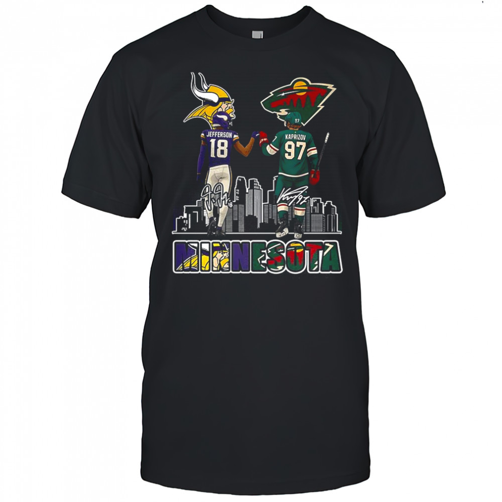 Justin Jefferson Minnesota Vikings touch hand Kirill Kaprizov Minnesota Wild shirt