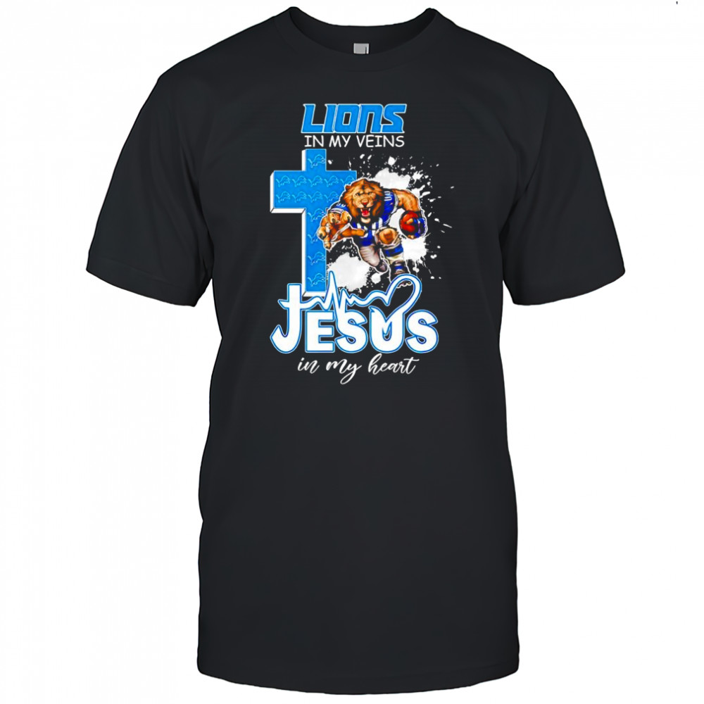 Mascot Detroit Lions in my Veins Jesus in my heart shirt