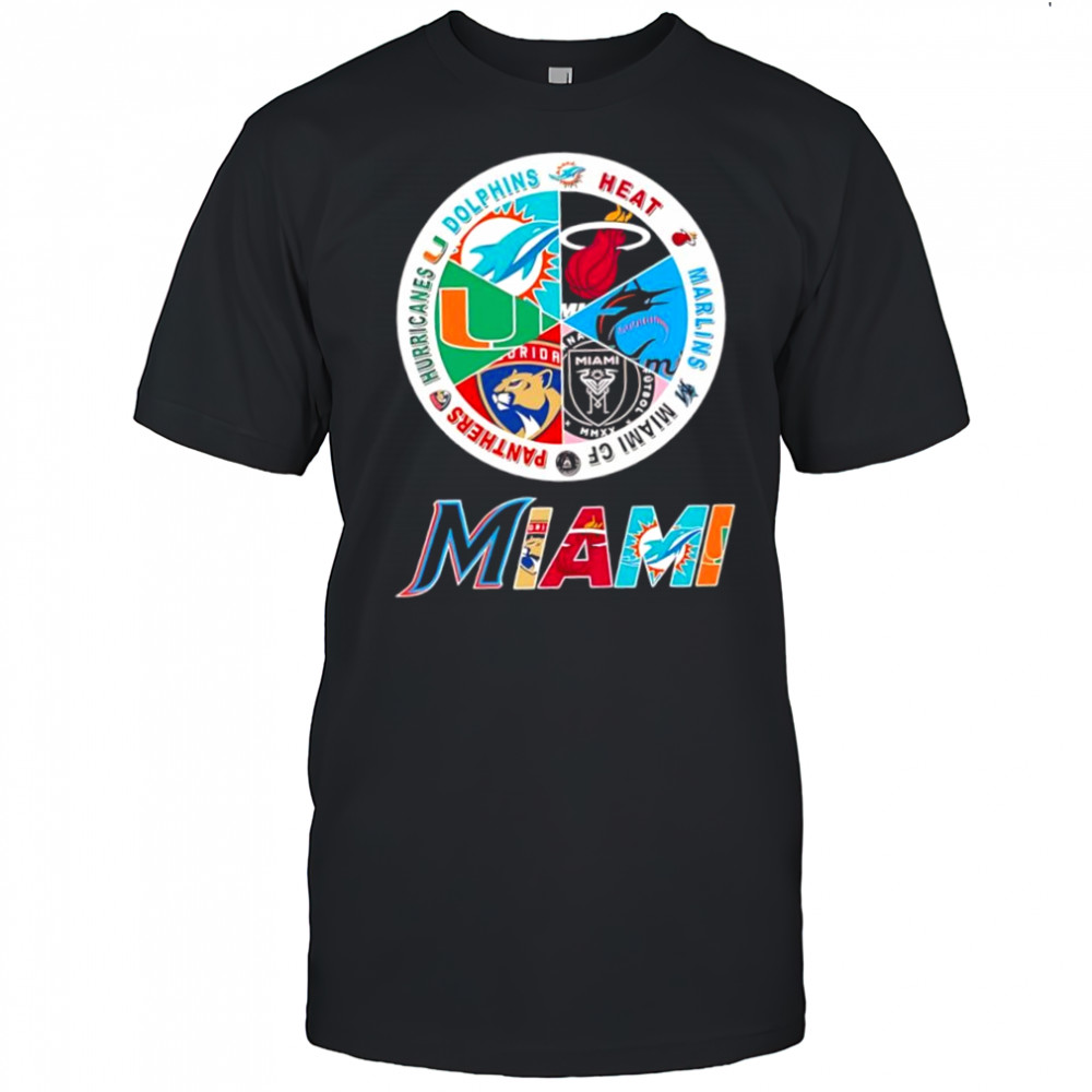 Miami area Dolphins x Heat x Marlins x Florida Panthers x Hurricanes x Inter Miami CF logo shirt