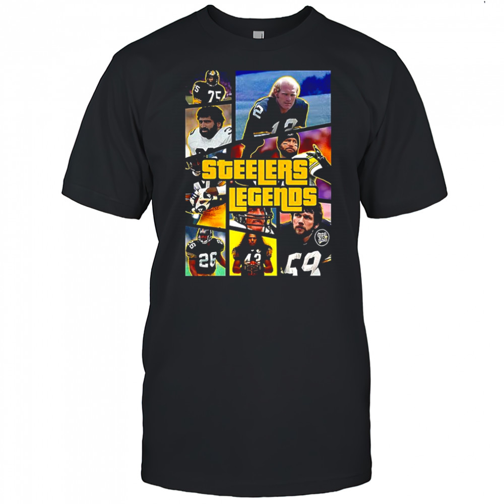 Pittsburgh Steelers football Pictures of legendary players collaged in GTA style shirt