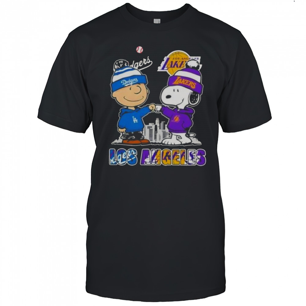 Snoopy And Charlie Brown Los Angeles Sports Dodgers X Lakers Skyline T-Shirt