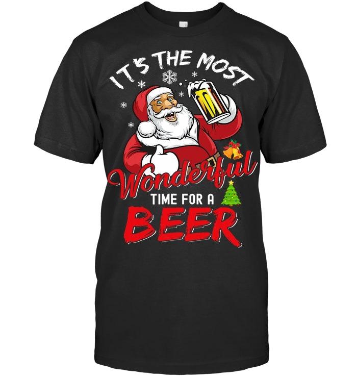 Funny Christmas Santa Claus Drinking Beer Wonderful Time T Shirt
