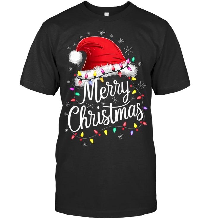 Merry Christmas Lights Red Santa Hat Xmas Family Men Women T Shirt
