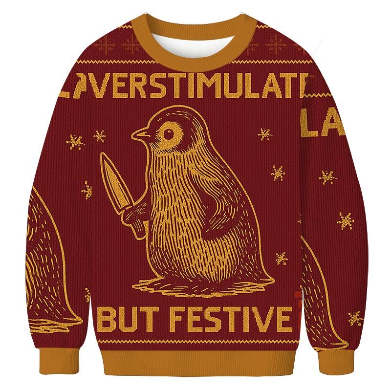 Penguin Overstimulated but Festive Christmas Ugly Sweatshirt