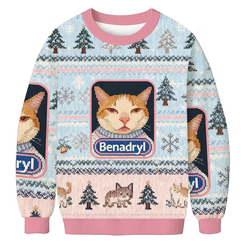 Pink Benadryl Meme Cat Christmas Ugly Sweatshirt