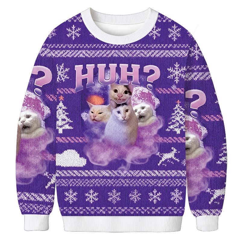 Pink Funny Meme Huh Cat Christmas Ugly Sweatshirt