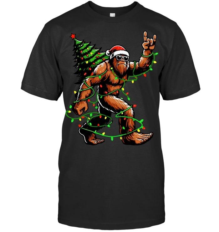 Santa Bigfoot Christmas Tree Xmas Lights Funny Sasquatch T Shirt