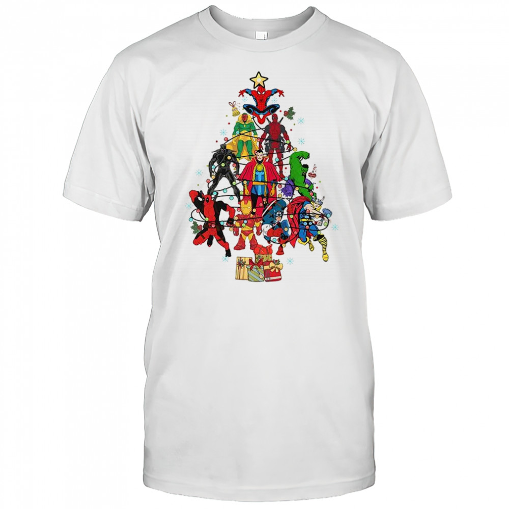 Christmas tree made up of Marvel Comics superheroes shirt