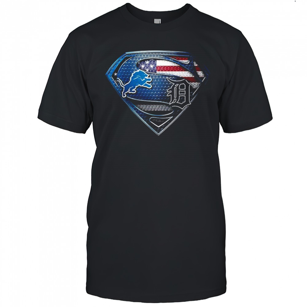 Detroit Lions and Detroit Tigers superman American flag logo shirt