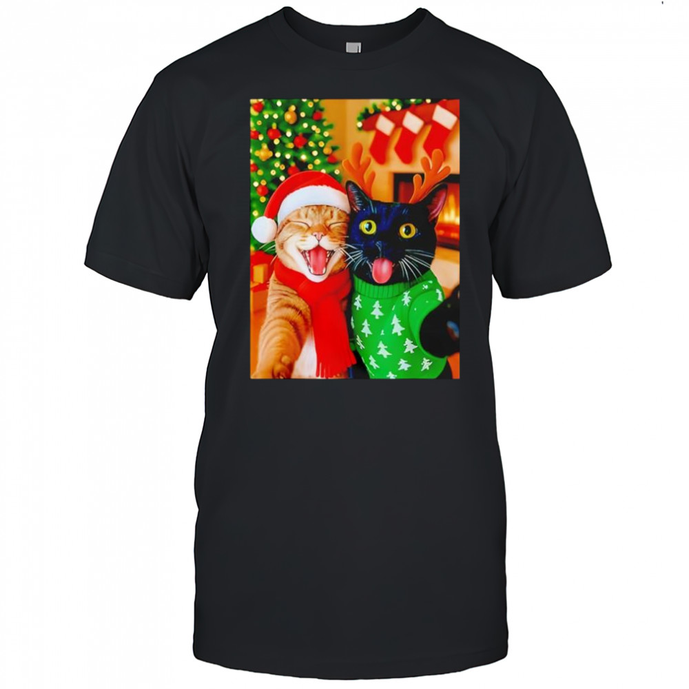 Meme Cat Taking A Selfie Christmas Xmas Lights Holiday shirt