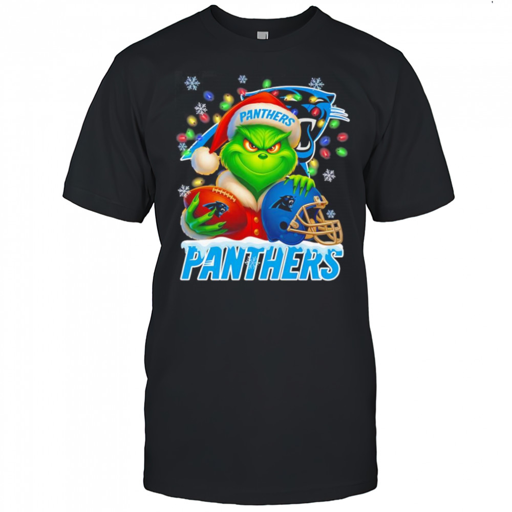 Santa Christmas Grinch Carolina Panthers holding helmet football shirt