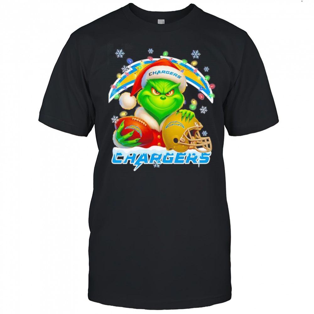 Santa Christmas Grinch Los Angeles Chargers holding helmet football shirt