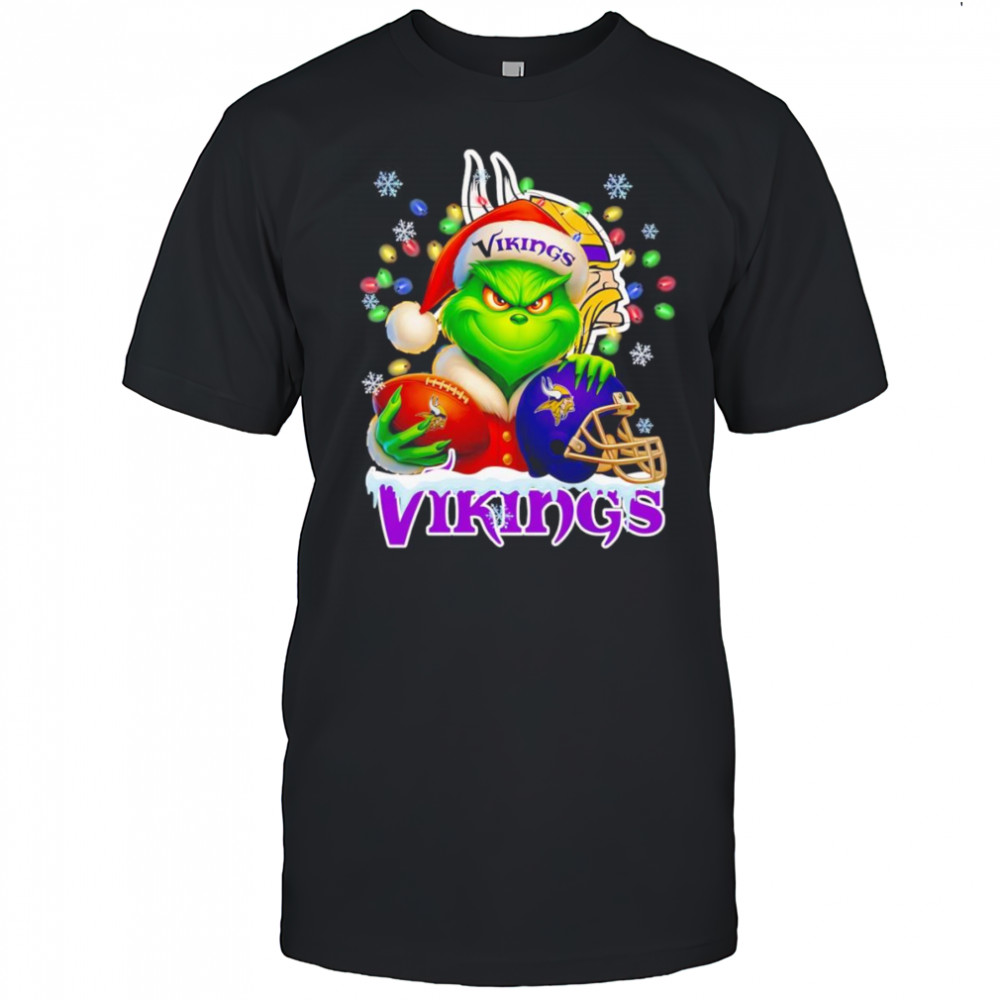 Santa Christmas Grinch Minnesota Vikings holding helmet football shirt