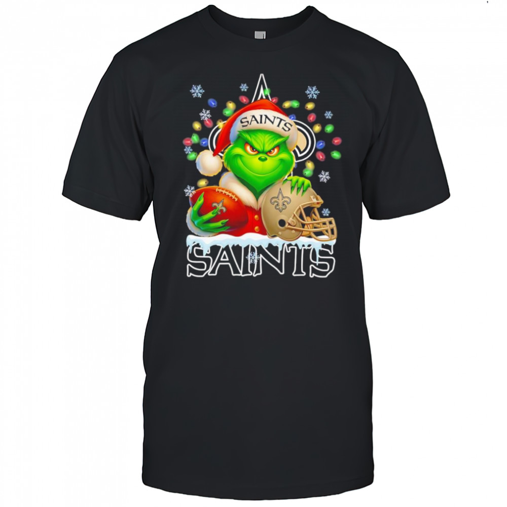 Santa Christmas Grinch New Orleans Saints holding helmet football shirt