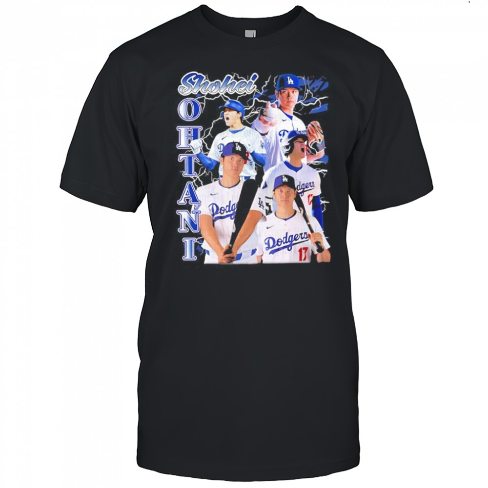 Shohei Ohtani in a Los Angeles Dodgers players graphic shirt