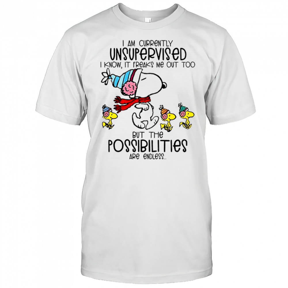 Snoopy and Woodstock I am currently unsupervised I know it freaks me out too but the possibilities are endless shirt