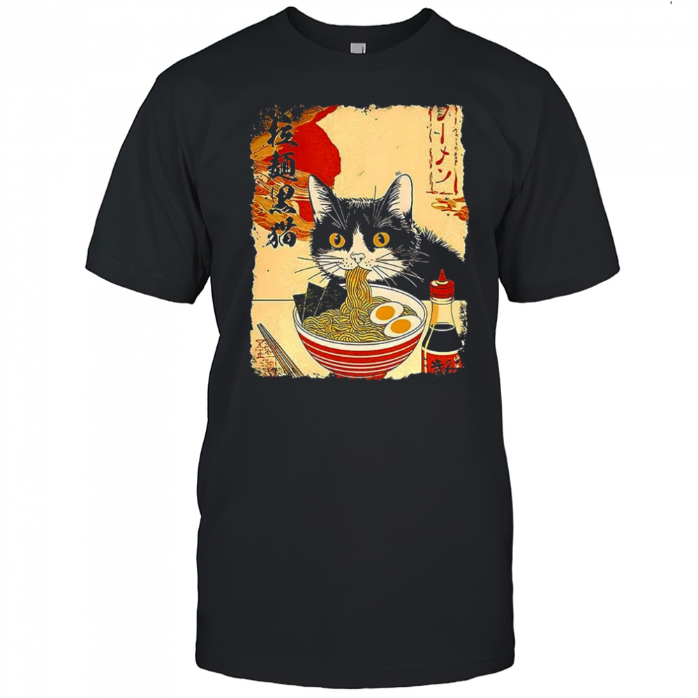Black cat eats ramen Japanese ukiyo-e retro shirt