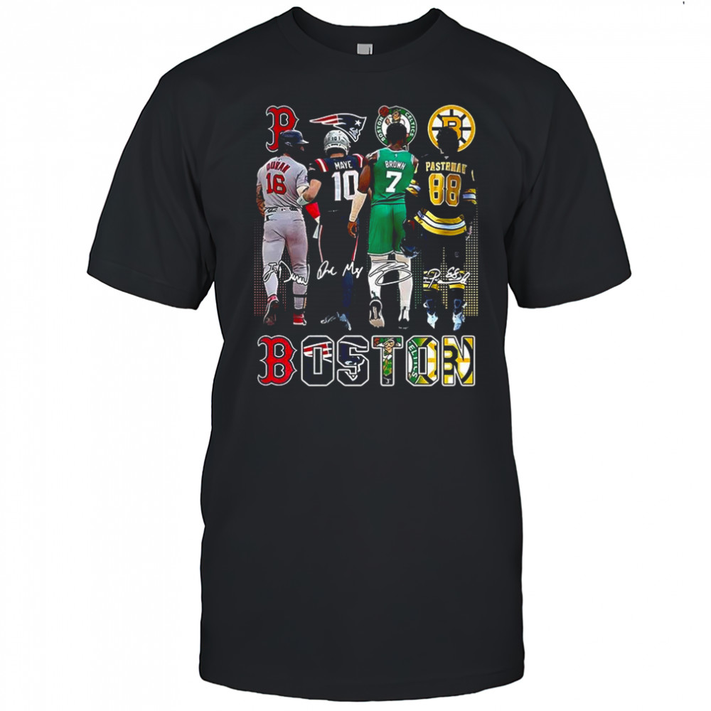 Boston sports teams Red Sox Patriots Celtics Bruins logo and player signature shirt