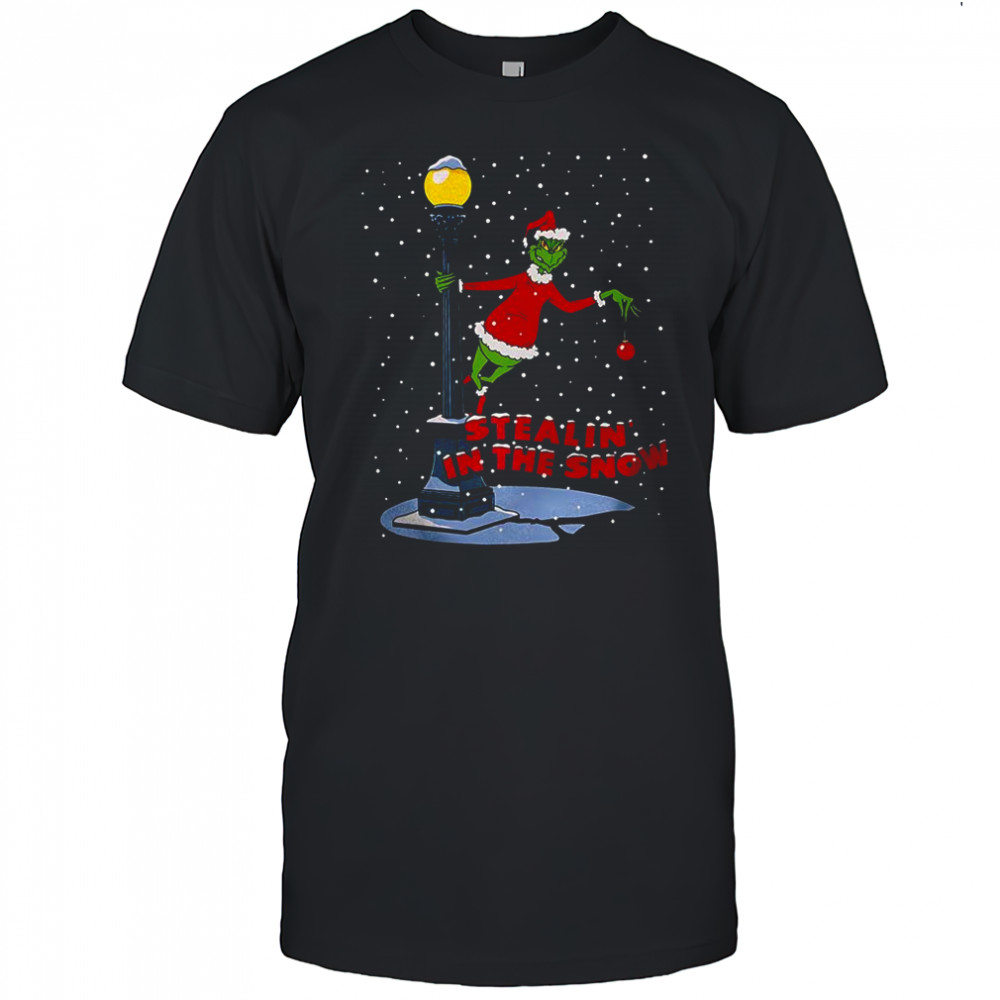 Grinch stealing in the snow cartoon Christmas shirt