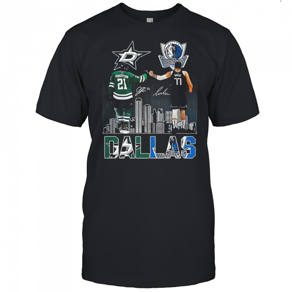 Jason Robertson Dallas Stars touch hand Luka Doncic Dallas Mavericks 2025 signature shirt