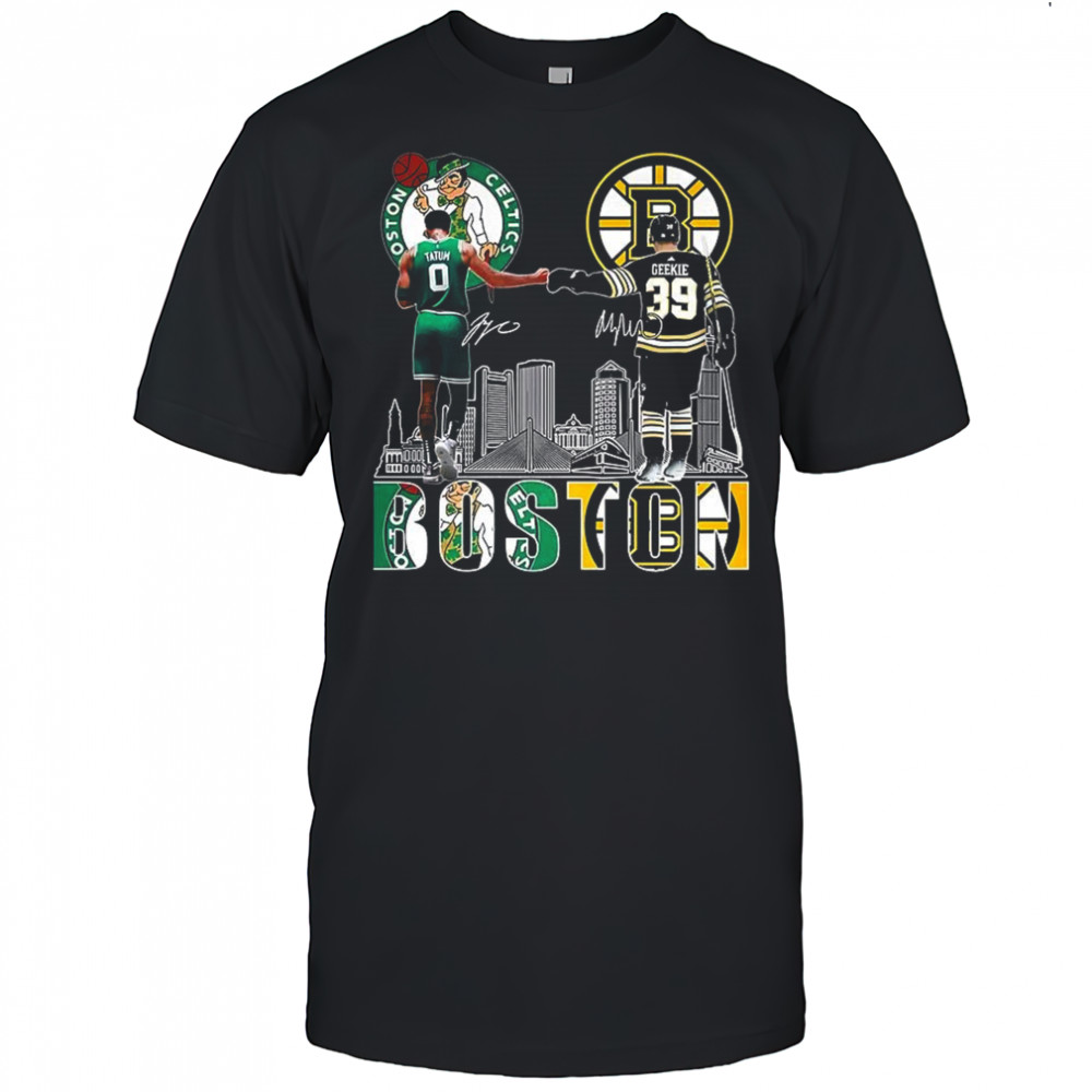 Jayson Tatum Boston Celtics touch hand Morgan Geekie Boston Bruins 2025 signature shirt