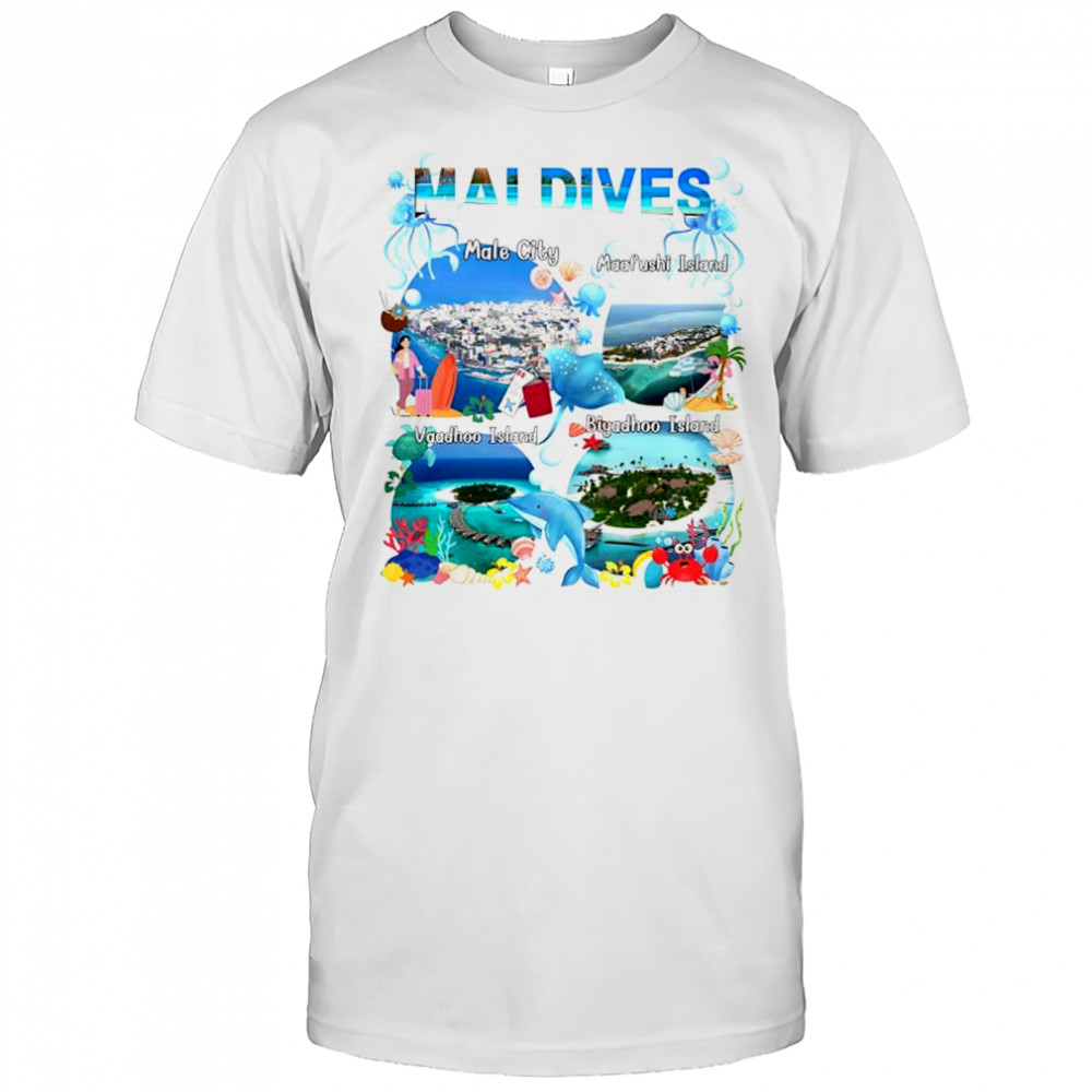Maldives collage beach scenes Male City Maafushi Vaadhoo Biyadhoo island shirt