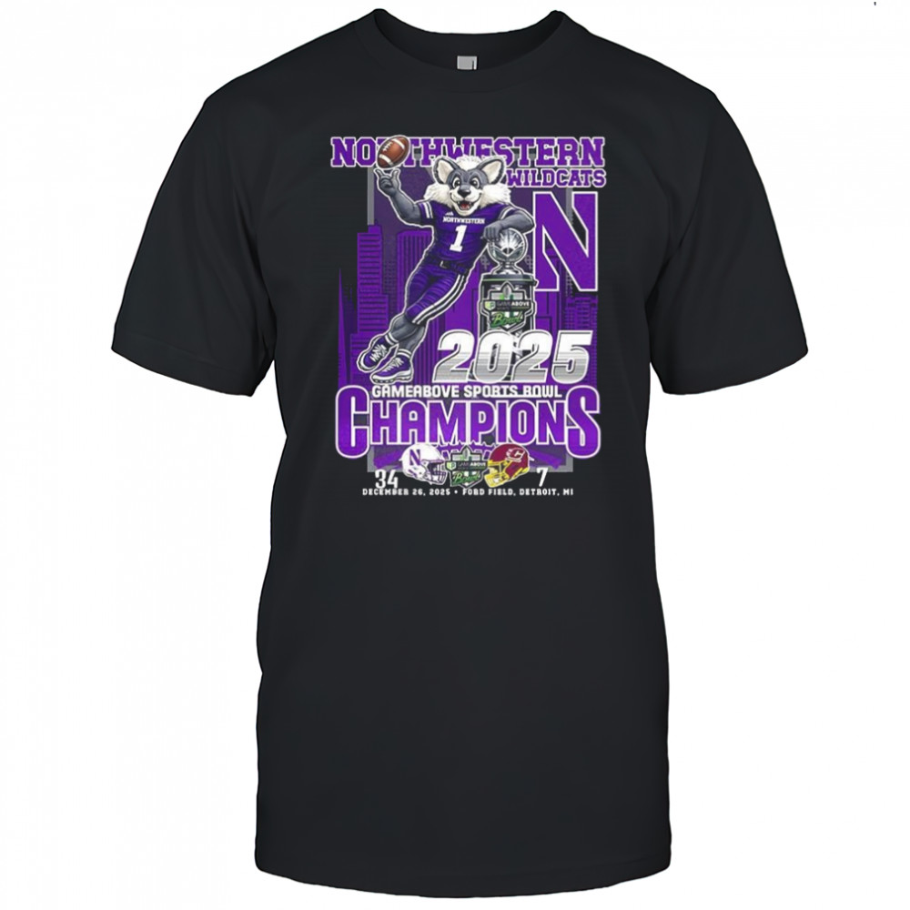 Northwestern Wildcats GameAbove Sports Bowl 2025 trophy mascot skyline final score shirt