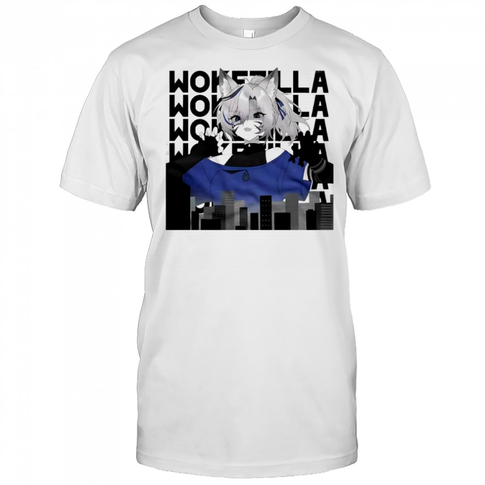 Nyara’s VTuber towering over a city skyline wokezilla shirt