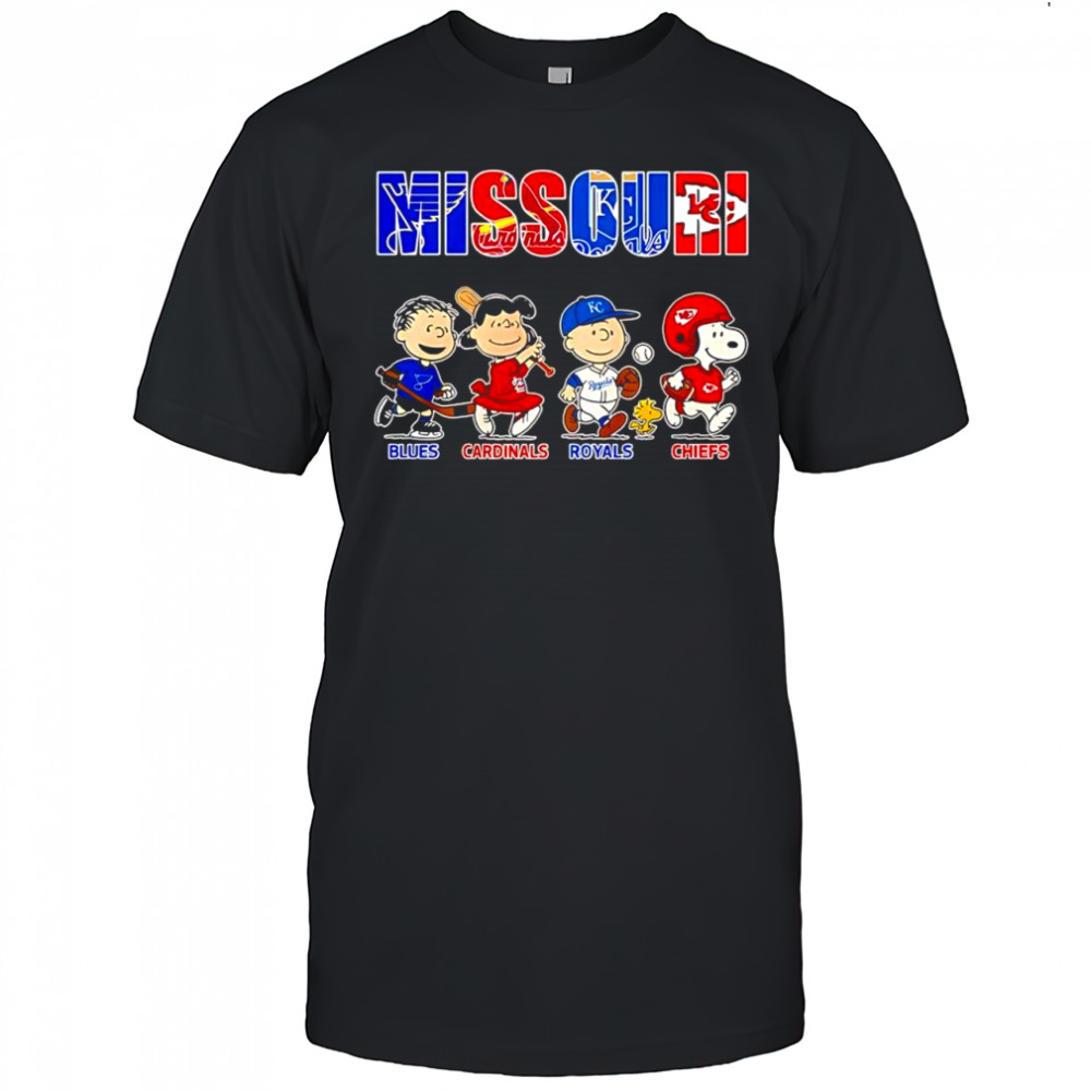 Peanuts Missouri Sports Teams x Blues Cardinals Royals and Chiefs shirt