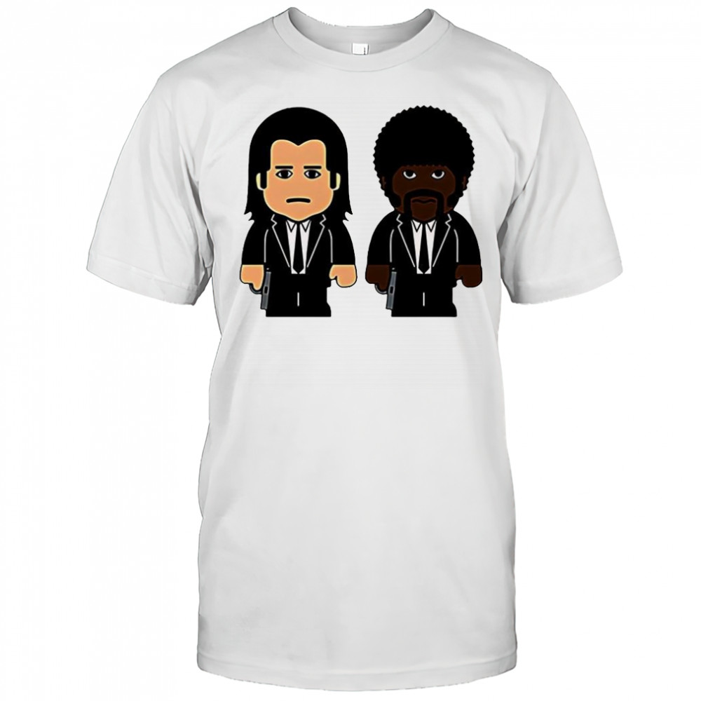 Samuel L Jackson wearing Pulp fiction Jules Winnfield and Vincent Vega cartoon shirt