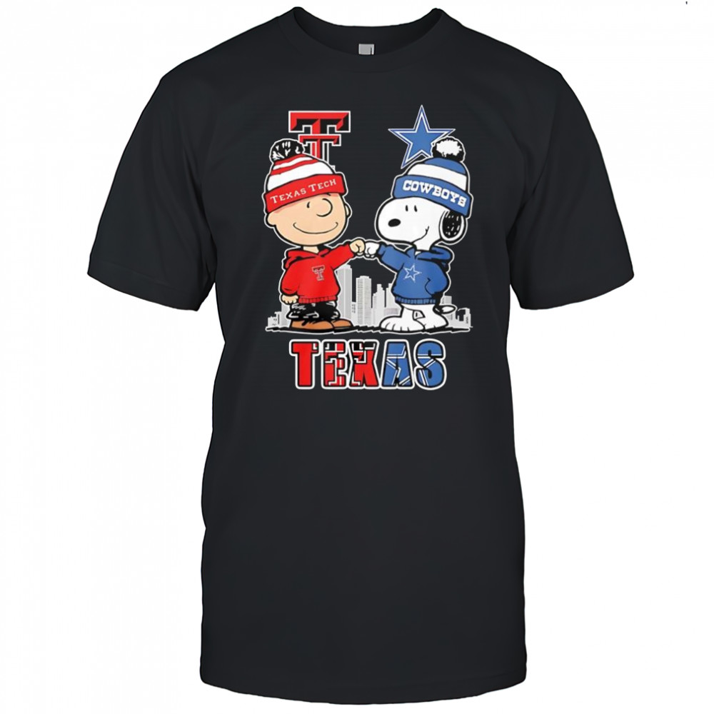 Snoopy and Charlie Brown bump Texas Tech Red Raiders and Dallas Cowboys shirt