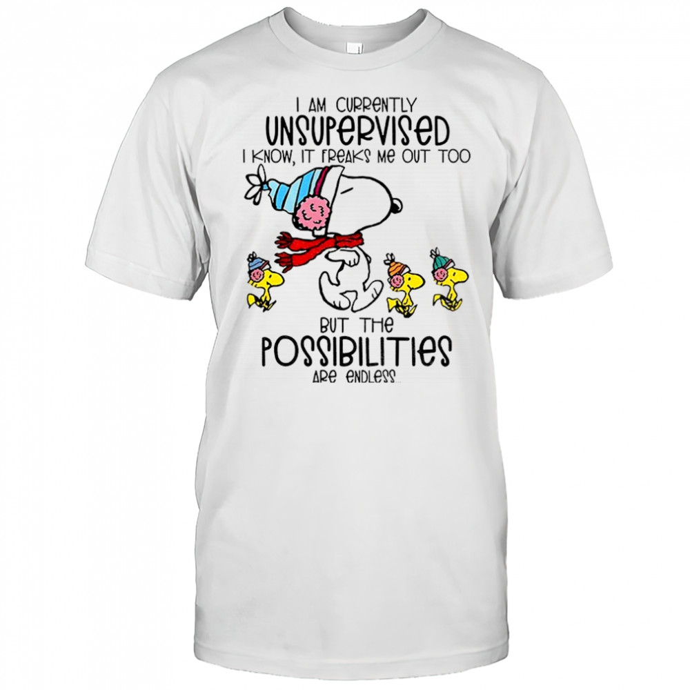 Snoopy and Woodstock I am currently unsupervised I know it freaks me out too but the possibilities are endless shirt
