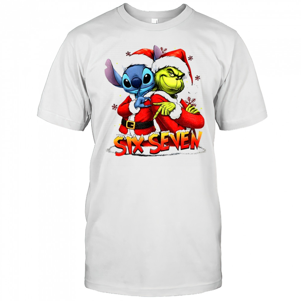 Stitch and Grinch Santa hat Six Seven meme Merry Christmas shirt