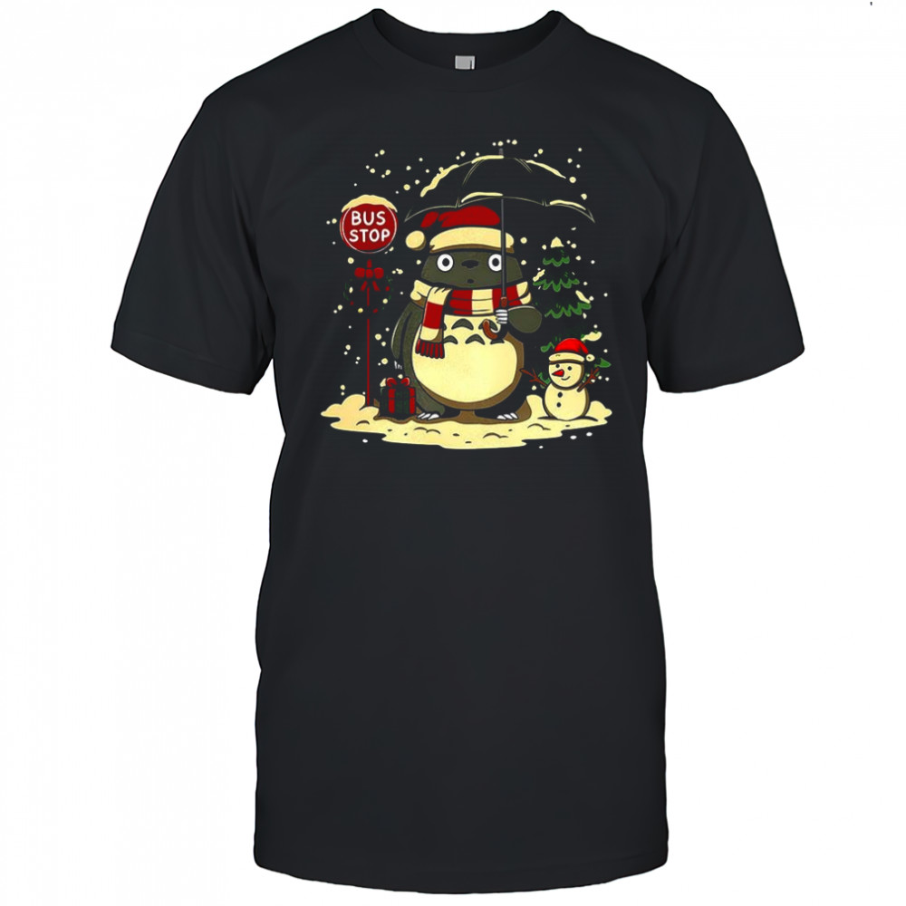 Totoro and snowman winter bus stop cartoon shirt