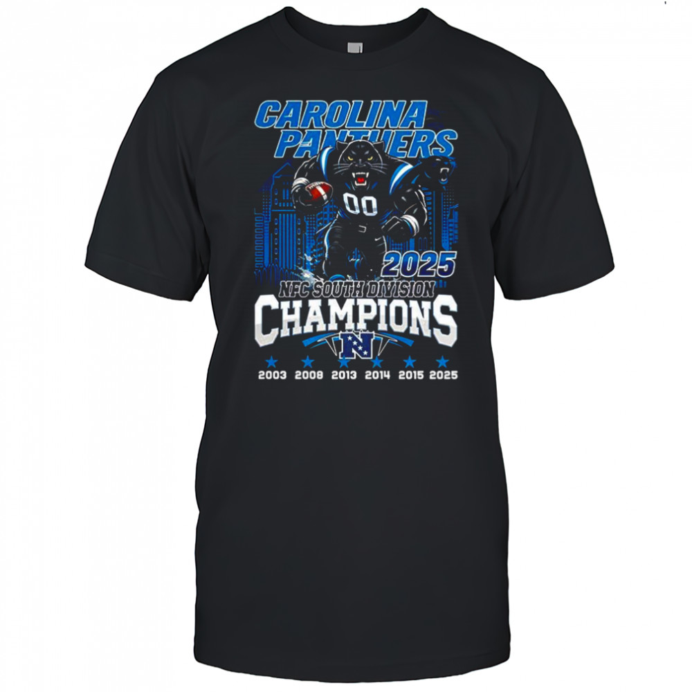 Carolina Panthers NFC South Division Champions 2025 mascot skyline shirt