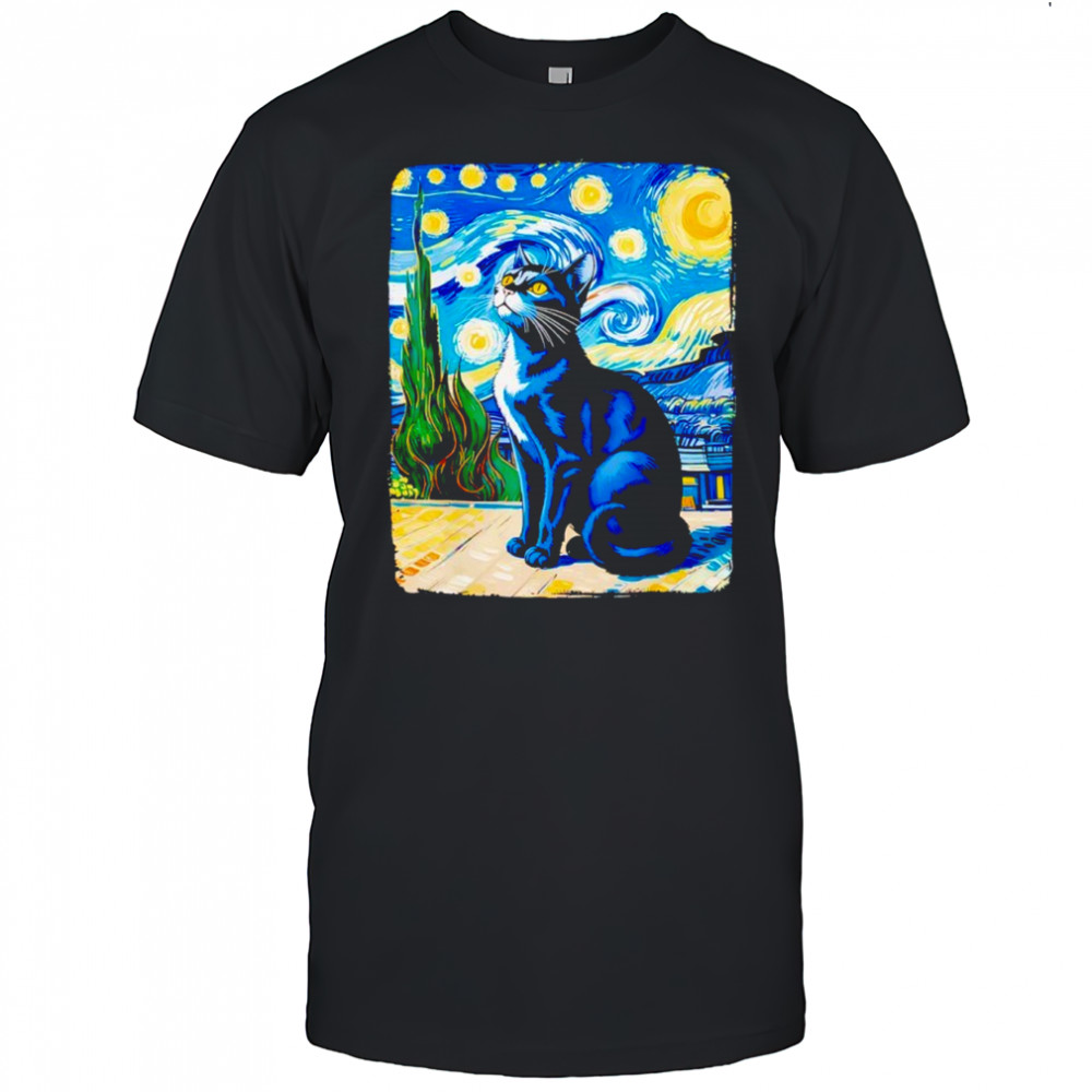 Cat Lover Starry Night Van Gogh Meme graphic shirt
