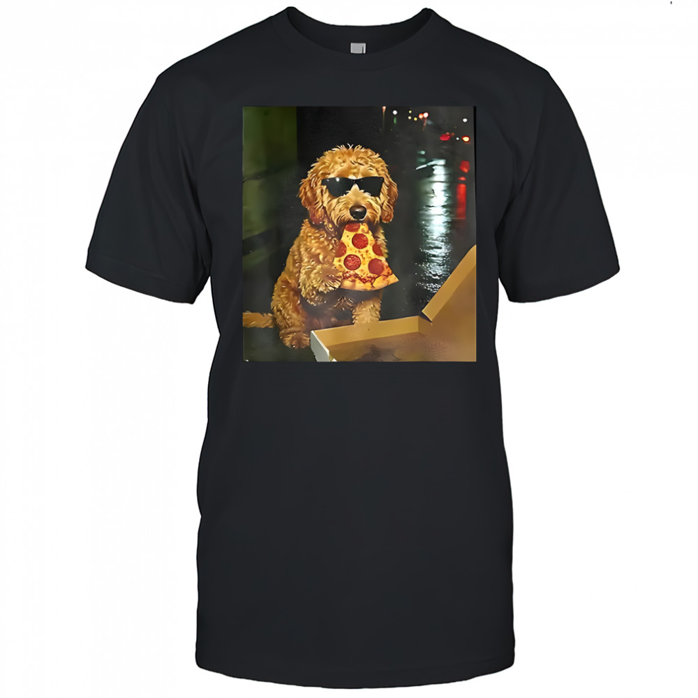 Goldendoodle eating pizza holding glasses meme shirt