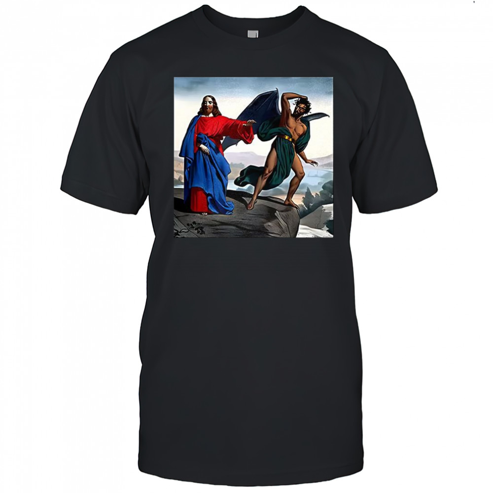 Jesus Satan tempts Christ on the mountain graphic shirt