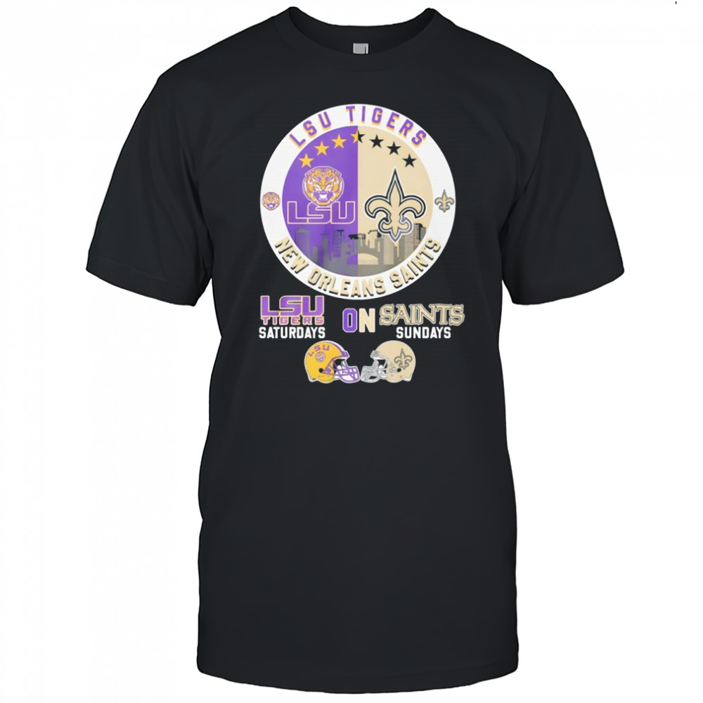 LSU Tigers on Saturdays and New Orleans Saints on Sundays helmet logo mashup shirt