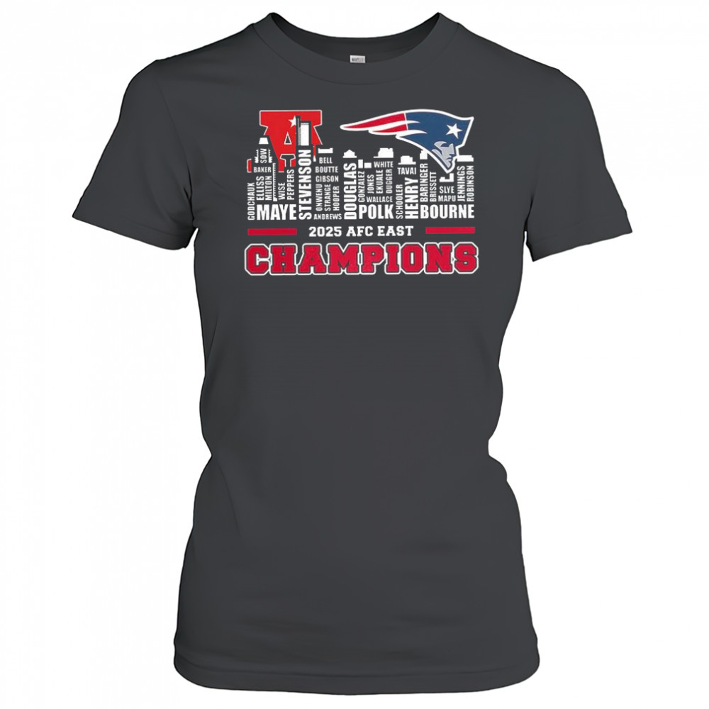 New England Patriots 2025-2026 AFC East Champions City Skyline name shirt