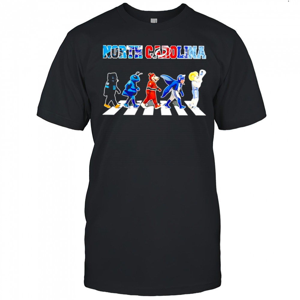 North Carolina sports team Carolina Panthers Hornets Hurricanes Duke Blue Heels mascots walking across shirt