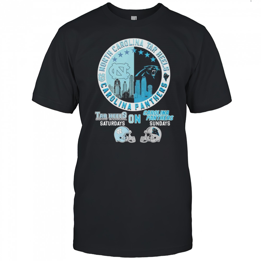North Carolina Tar Heels on Saturdays and Carolina Panthers on Sundays helmet logo mashup shirt