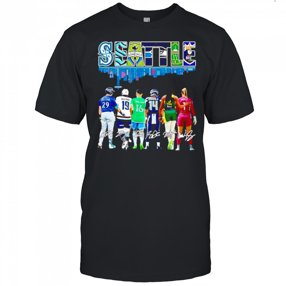 Seattle city skyline Seattle Sounders FC Seattle Mariners Seattle Seahawks and Seattle Storm shirt