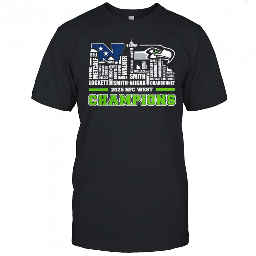 Seattle Seahawks NFC West 2025 Champions name player city skyline shirt
