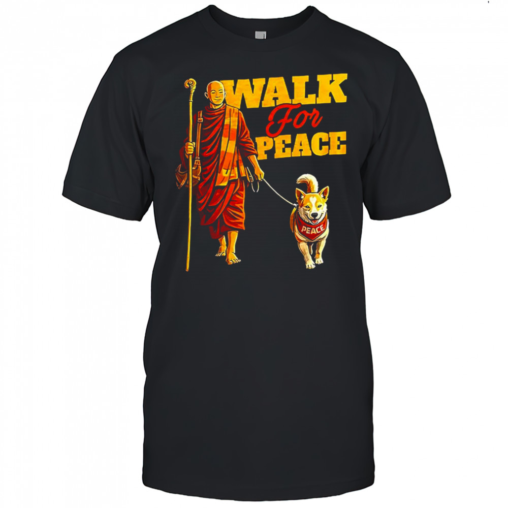 Walk for peace monks with Aloka dog pilgrimage shirt