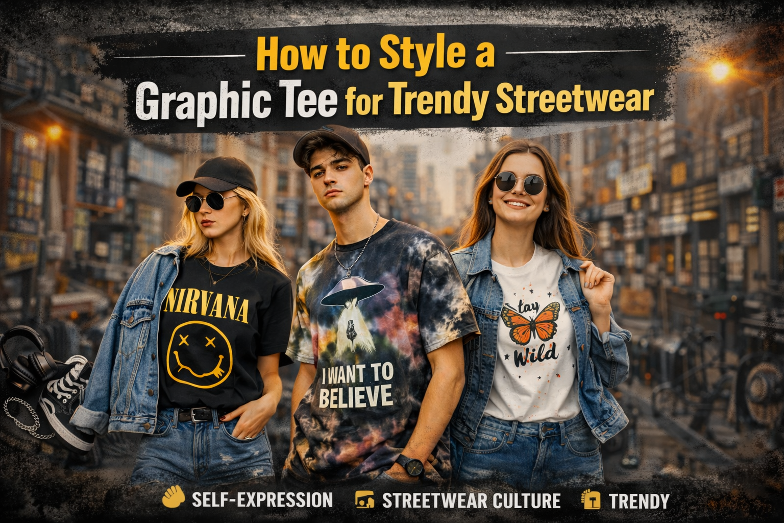 oversized graphic tee streetwear outfit with cargo pants and sneakers